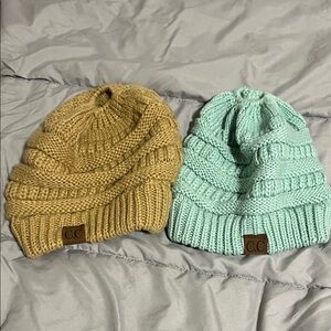 C.C Knit Beanies with pony tail hole in Yellow and Light Blue